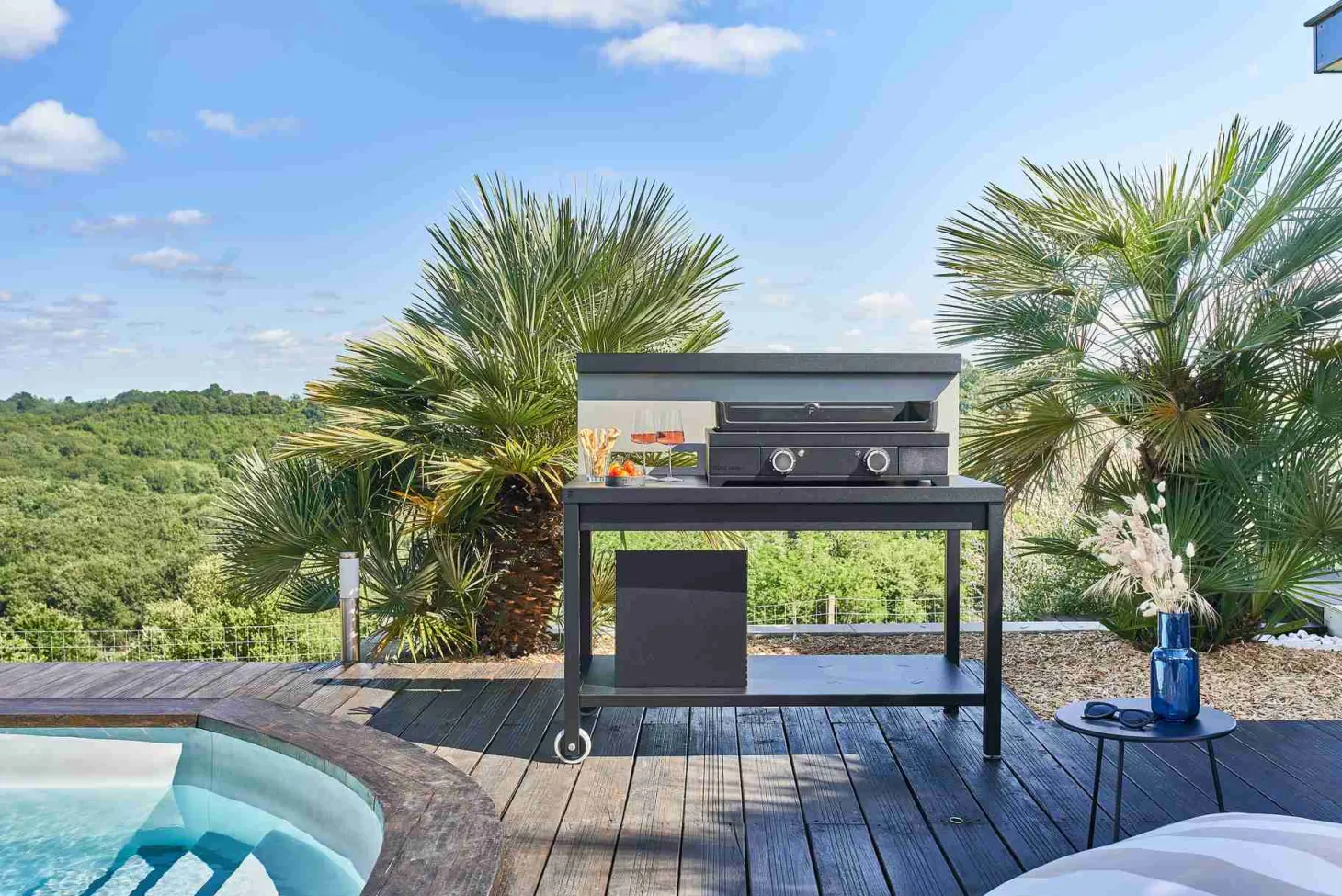 Forge Adour Plancha-Grill Modern Gas 60 Schwarz Rolltisch offen