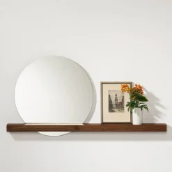 weld & co Wandspiegel mit Nussbaumholzablage 100 × 7,5 × 4 cm, Spiegel Ø 50 cm rechts